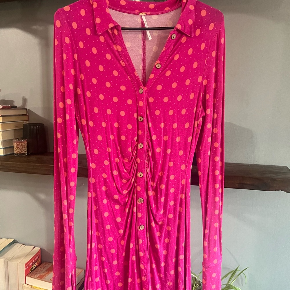 Free People Fuchsia Polka Dot Long Sleeve Dress